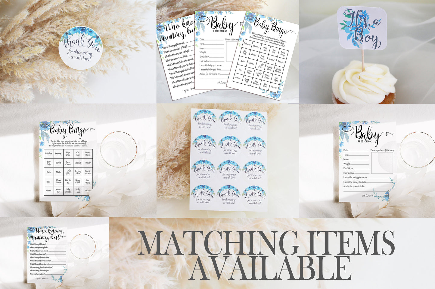 Blue Floral Baby Shower Prediction Cards: Advice Game
