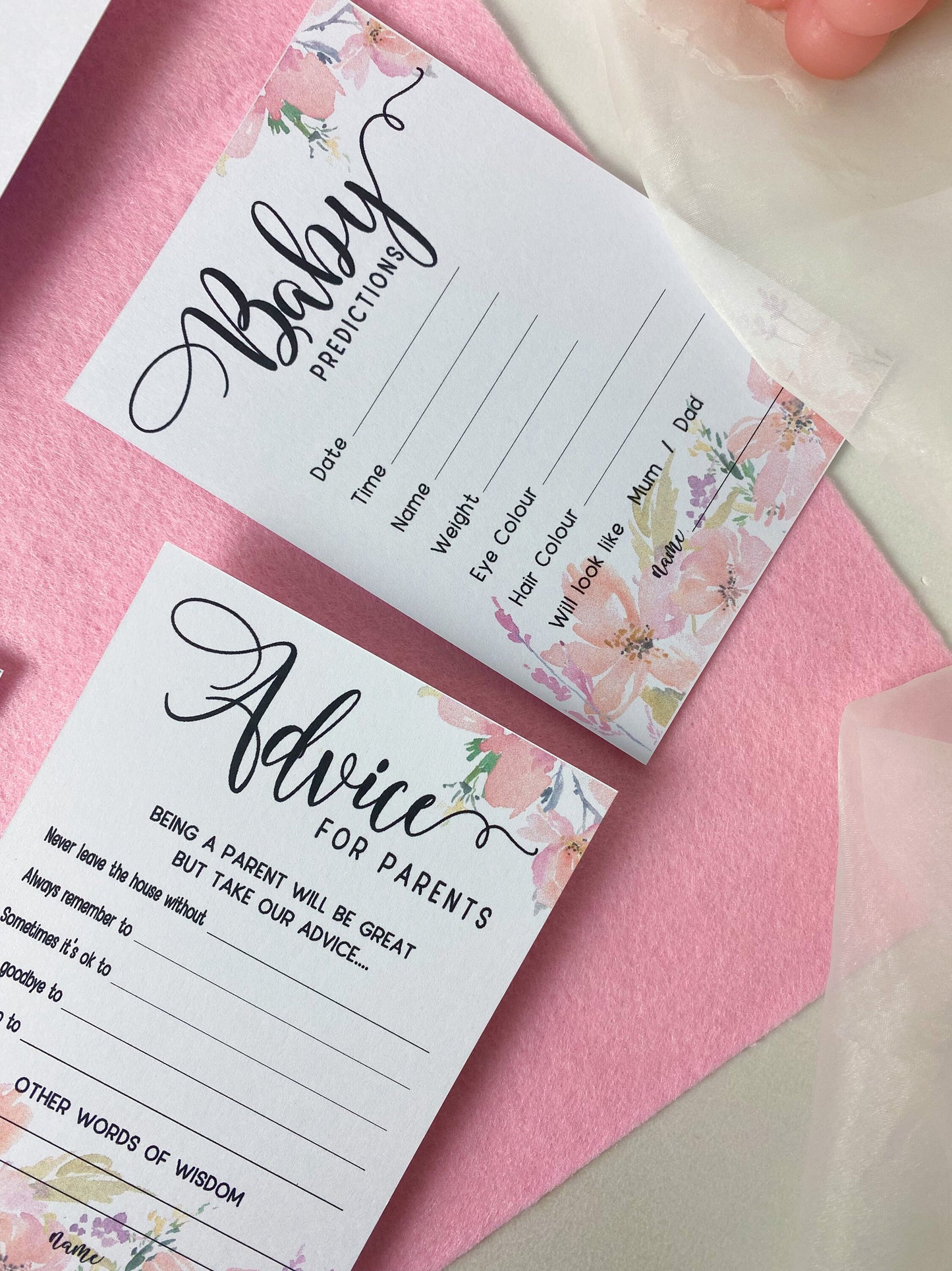 Prediction Cards, Pink Floral, Boho Chic, Girl Baby Shower, Mum To Be, Printed A6