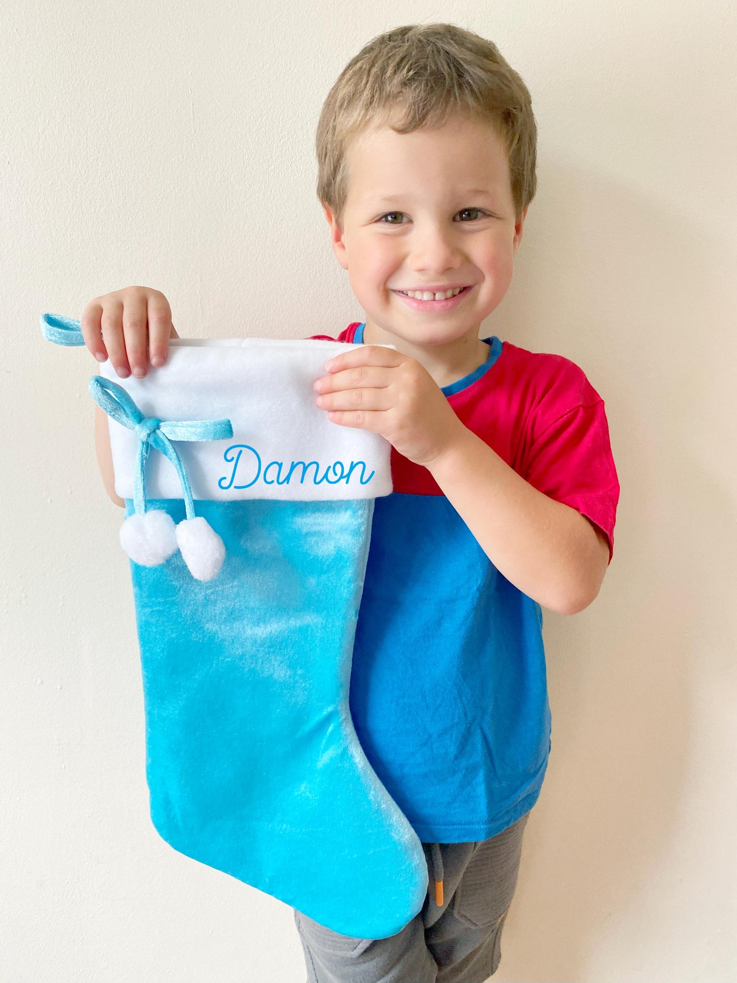 Personalised Deluxe Blue Pom Pom Christmas Stocking, Santa, Kids Stocking