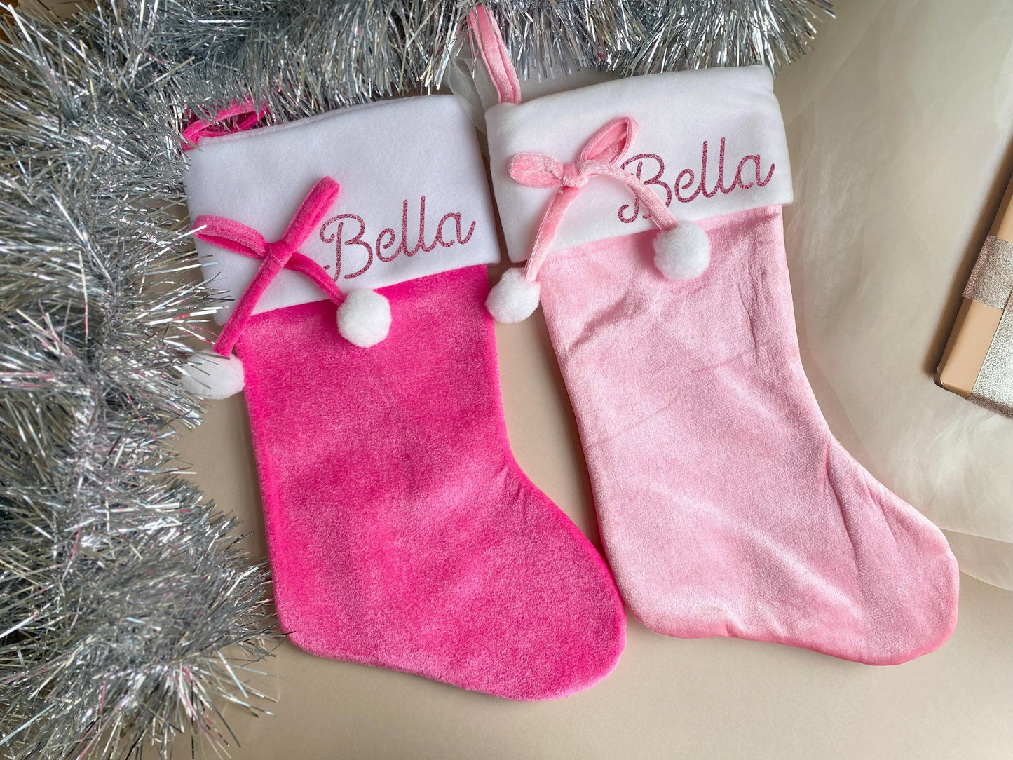 Personalised Deluxe Pink Pom Pom Christmas Stocking, Santa, Girls Stocking