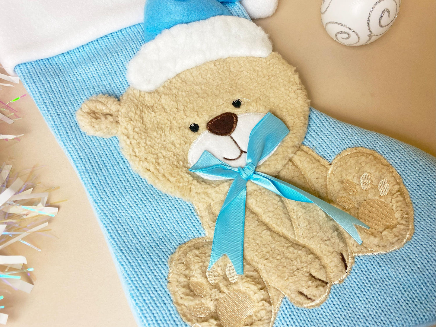 Personalised Blue Teddy Christmas Stocking, Santa, Boys Stocking, First Christmas