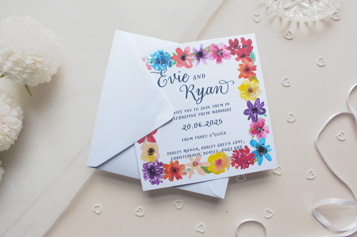 Bright Floral Wedding Invitation, Square Invite, Wedding Stationery, Evening Reception