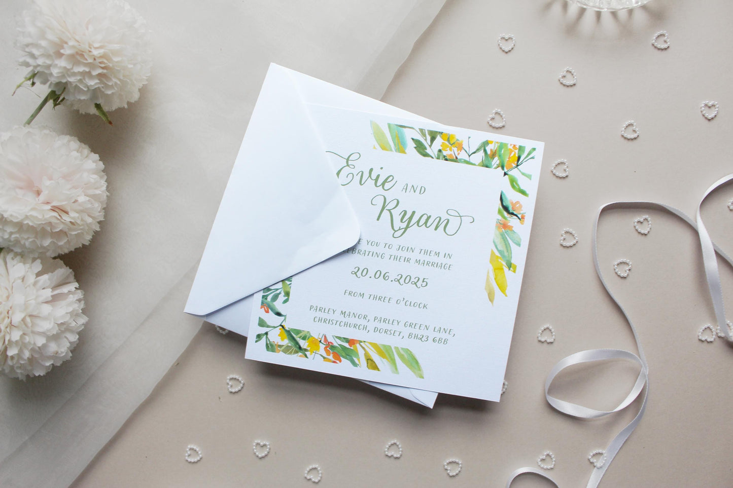 Greenery Yellow Floral Wedding Invitation, Square Invite, Wedding Stationery, RSVP, Details, Evening Reception