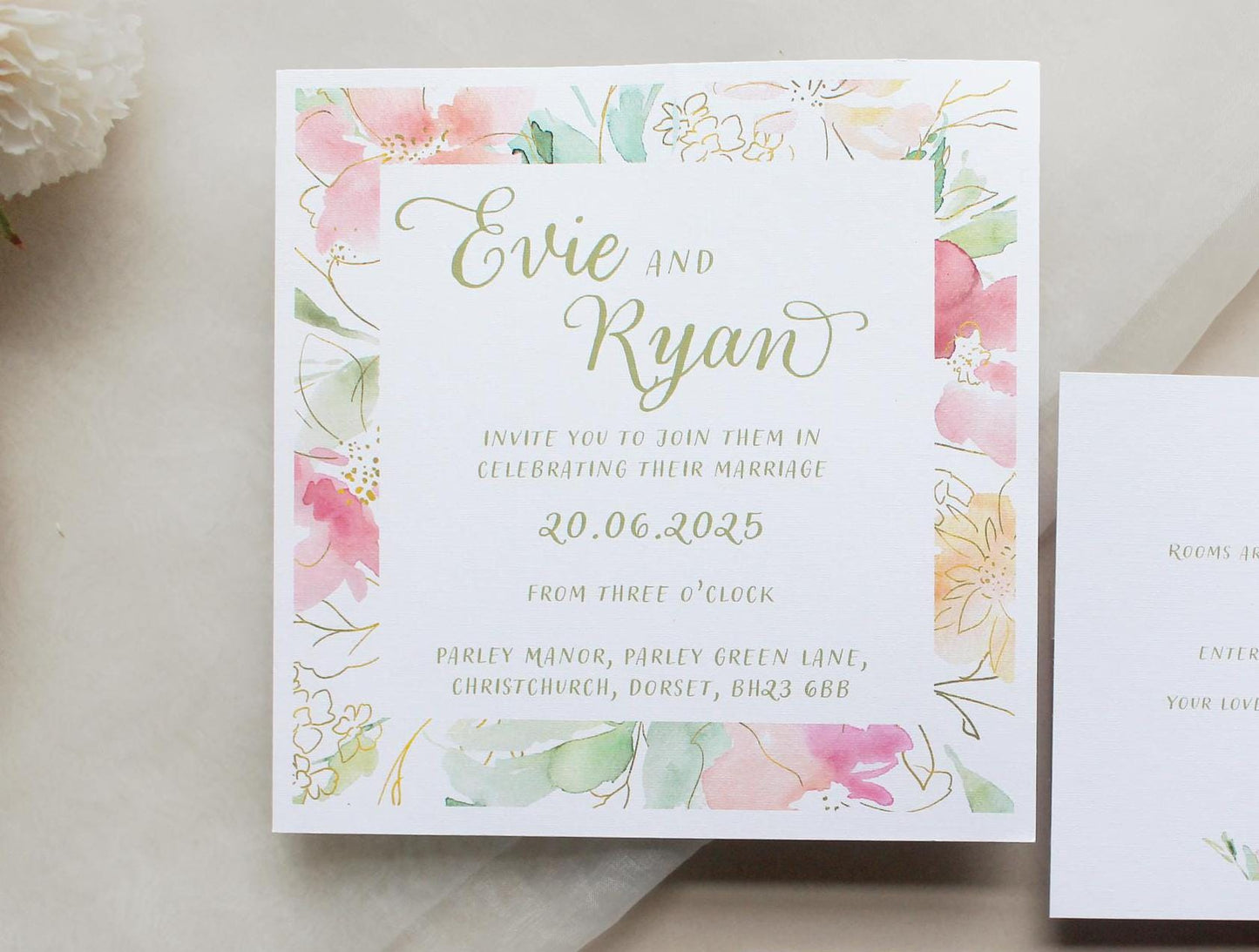 Pink Floral Wedding Invitation, Square Invite, Wedding Stationery, Evening Reception