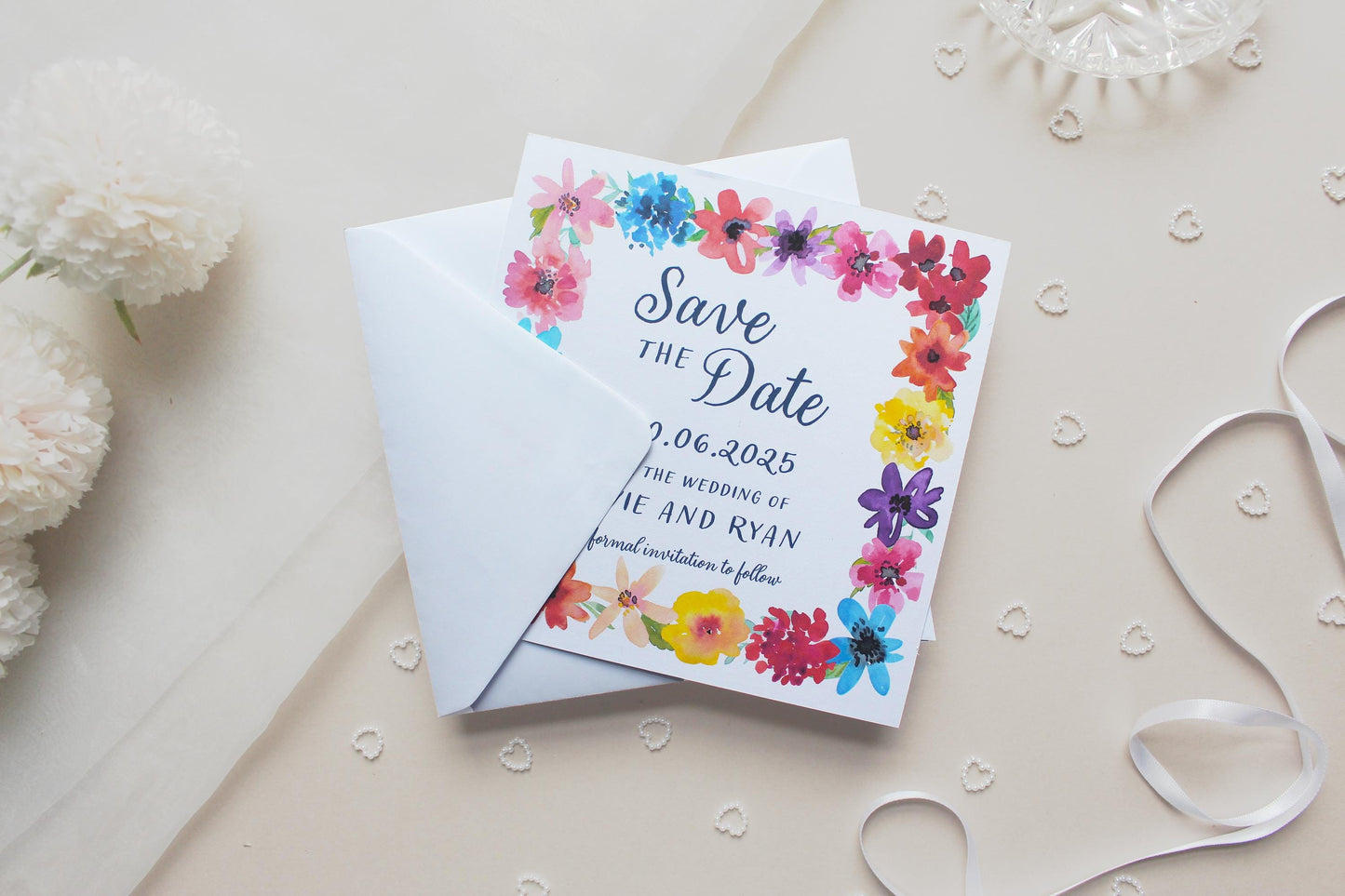 Bright Floral Save the Date Invitation, Square Invite, Wedding Stationery