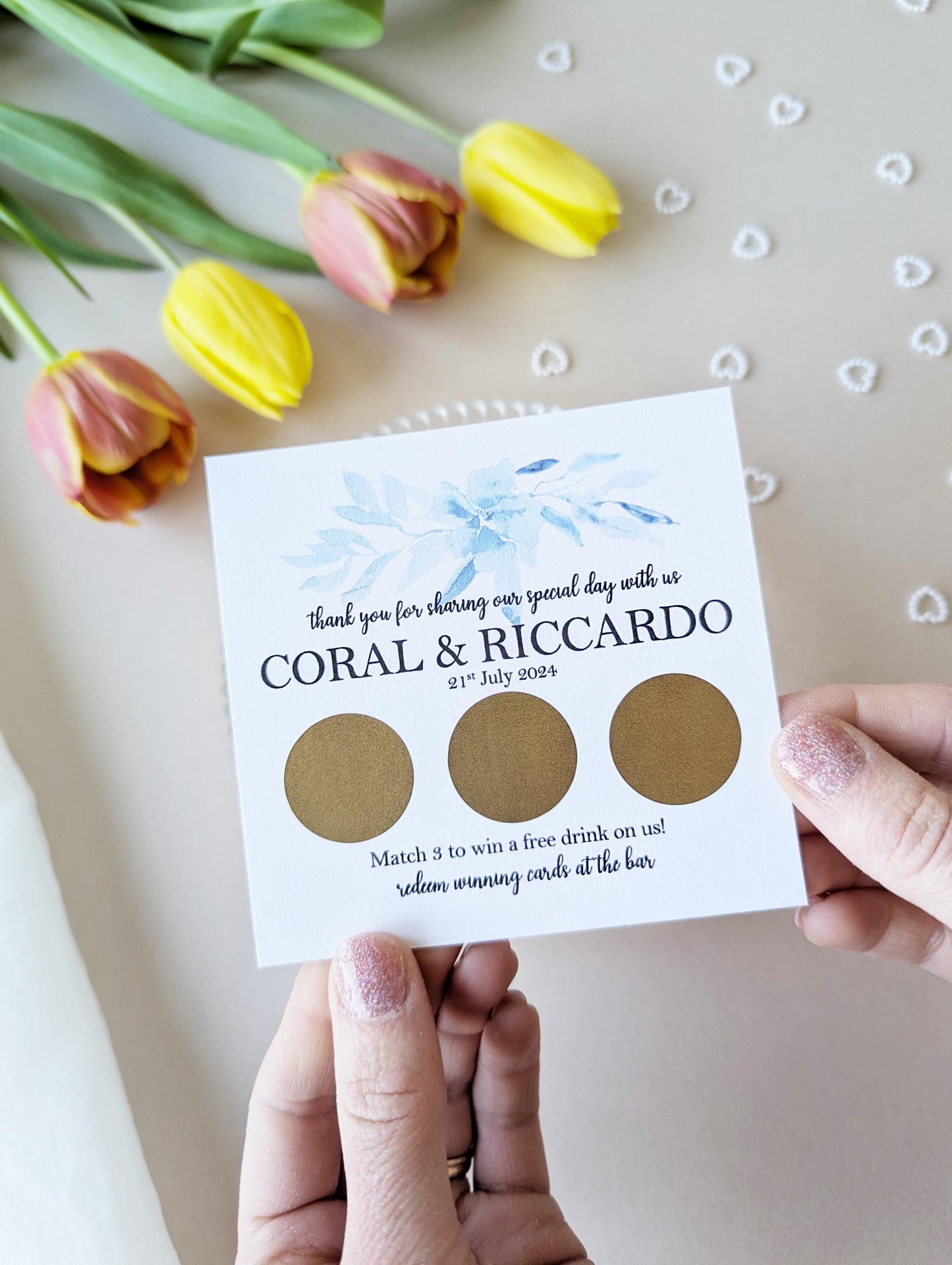 Personalised Wedding Scratch Card, Win a Drink, Wedding Favour, Match 3, Black and White