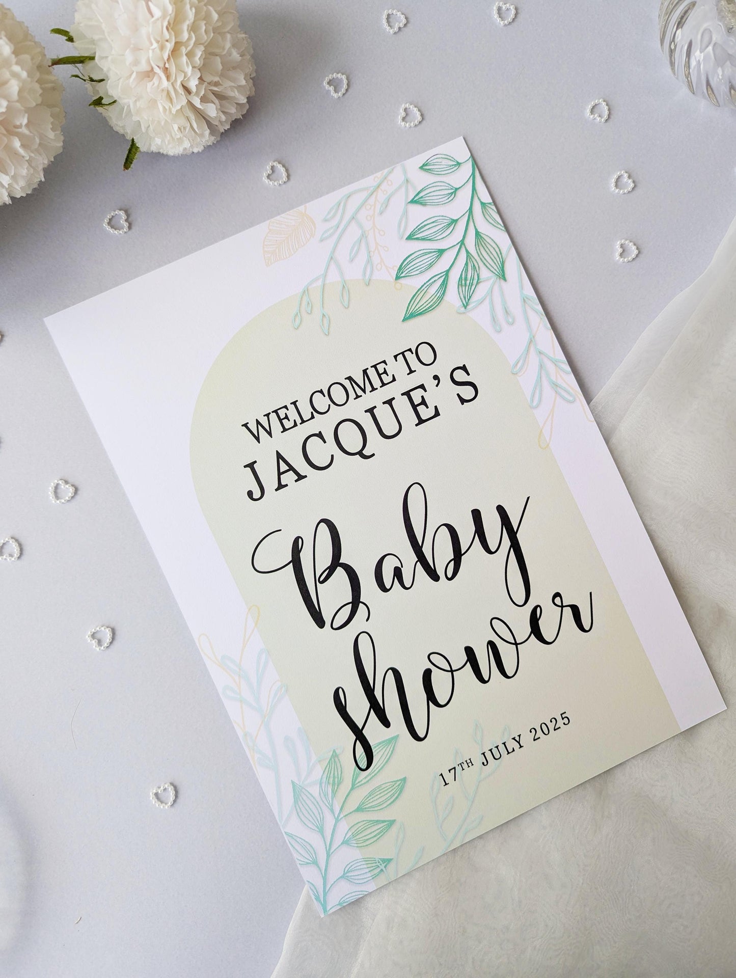 Sage Green Arch Baby Shower Sign, Welcome Poster, Boy, Baby Sprinkle A4 Printed