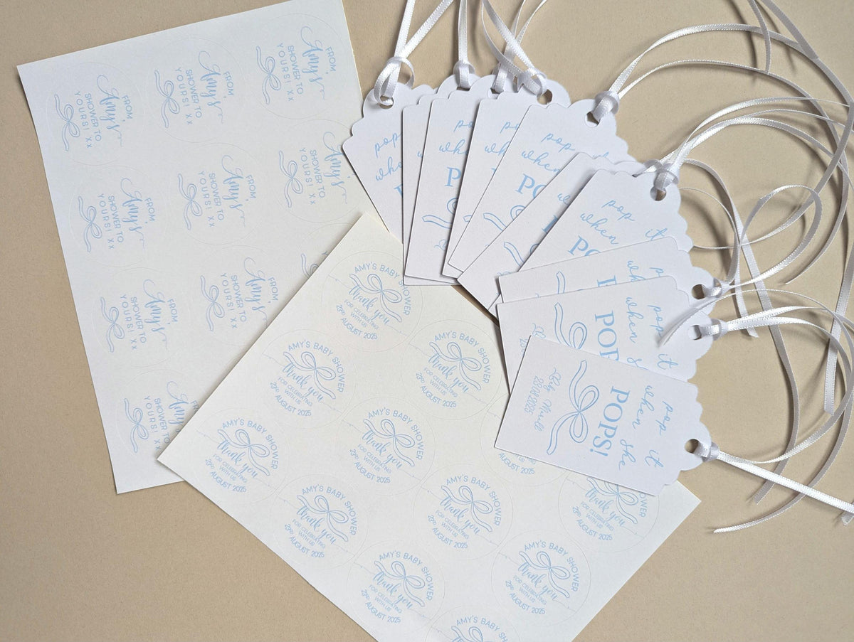 Baby Shower Sticker Favours, Blue Bow Baby Shower Decorations, Baby Boy, Mum to be