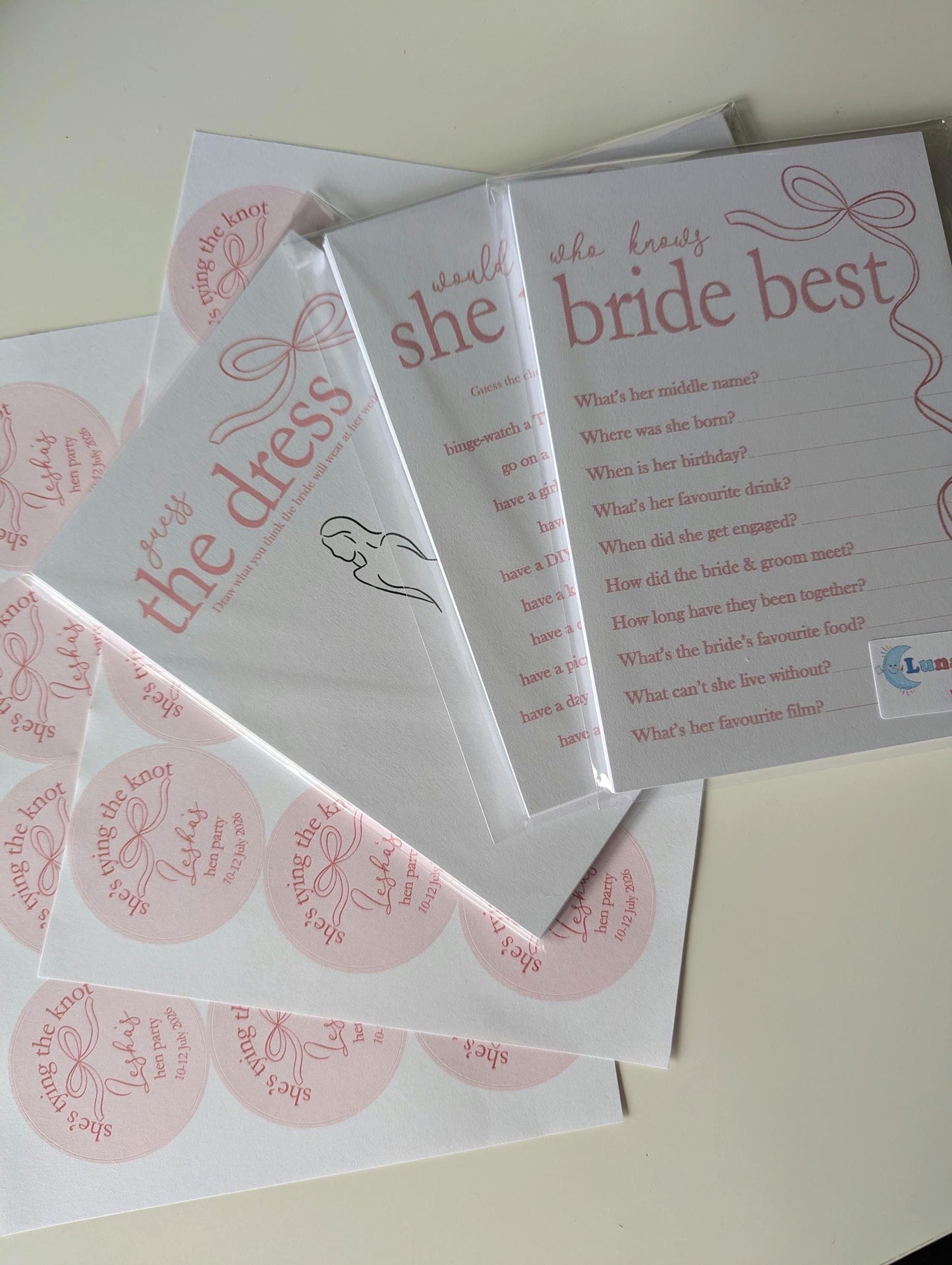 She's Tying The Knot Hen Party Stickers, Pink Ribbon, Bow Theme, Bridal Shower Favour Stickers