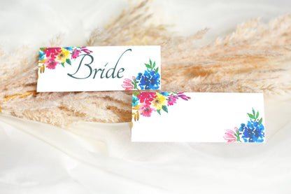 Colourful Floral Wedding Seating Card, Name Cards, Table Place Cards, Folded, Flat