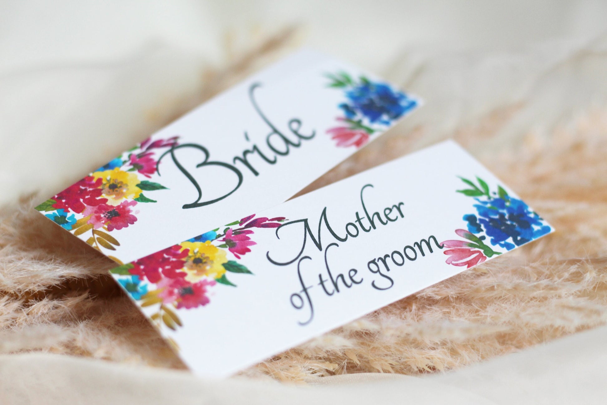Colourful Floral Wedding Seating Card, Name Cards, Table Place Cards, Folded, Flat
