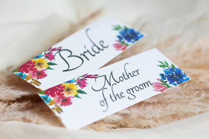 Colourful Floral Wedding Seating Card, Name Cards, Table Place Cards, Folded, Flat