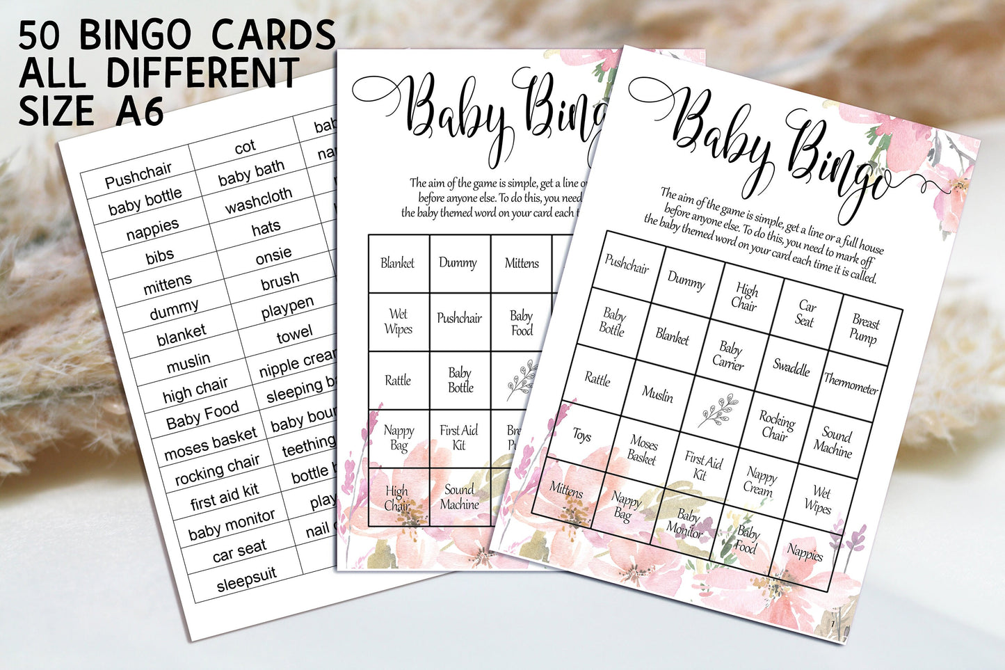 Pink Floral Baby Shower Bingo Cards: Boho Chic A6