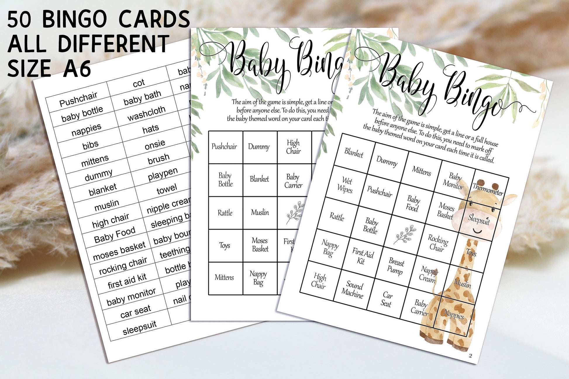 Giraffe Baby Shower Bingo Game: Safari Theme, Printed A6