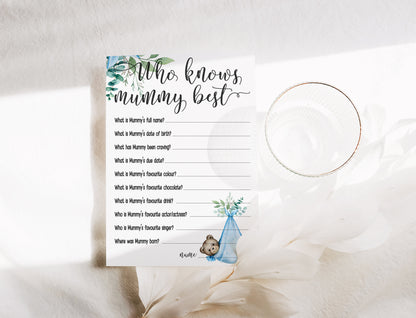 Blue Boho Teddy Bear Baby Shower Game, Who Knows Mum Best, Boy Baby Shower, Mum To Be, Baby Shower Games Bundle