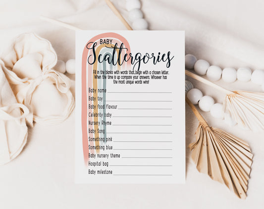 Pastel Boho Rainbow Baby Scattergories Game (Printed A6)