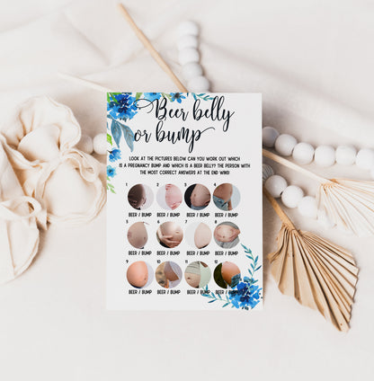 Blue Floral Baby Shower Game: Beer Belly or Bump, Printed A6