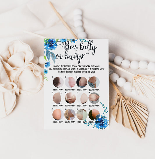 Blue Floral Baby Shower Game: Beer Belly or Bump, Printed A6