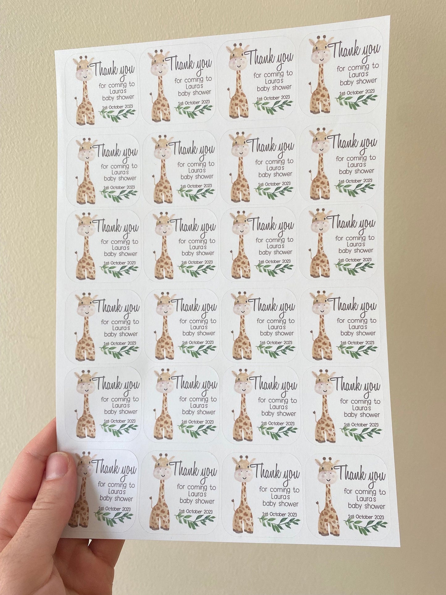 24 Giraffe Baby Shower Stickers: Custom Safari Favour Stickers