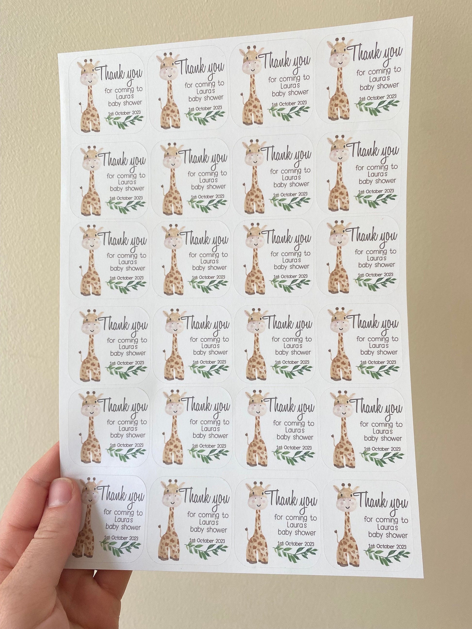 24 Giraffe Baby Shower Stickers: Custom Safari Favour Stickers