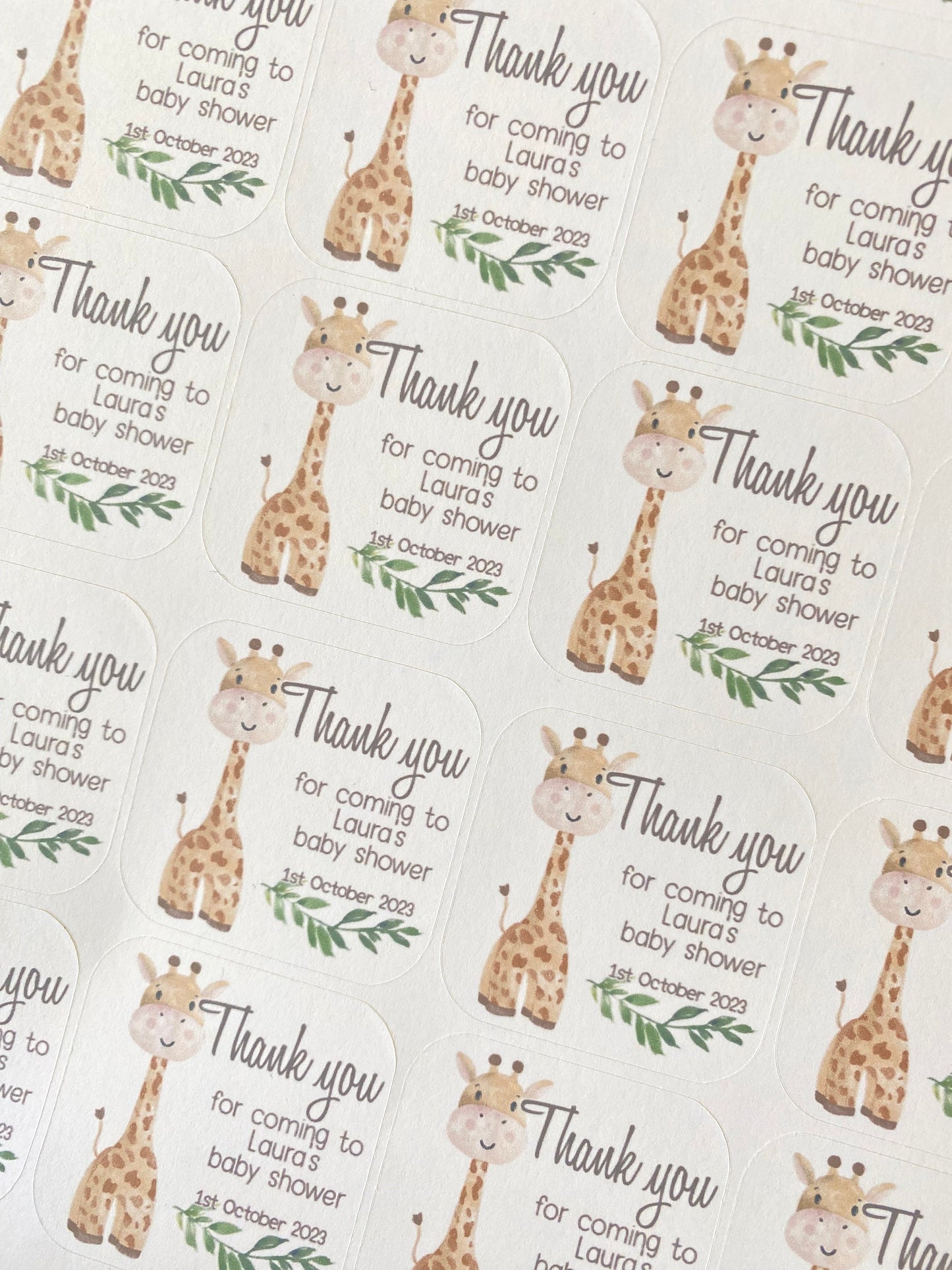 24 Giraffe Baby Shower Stickers: Custom Safari Favour Stickers