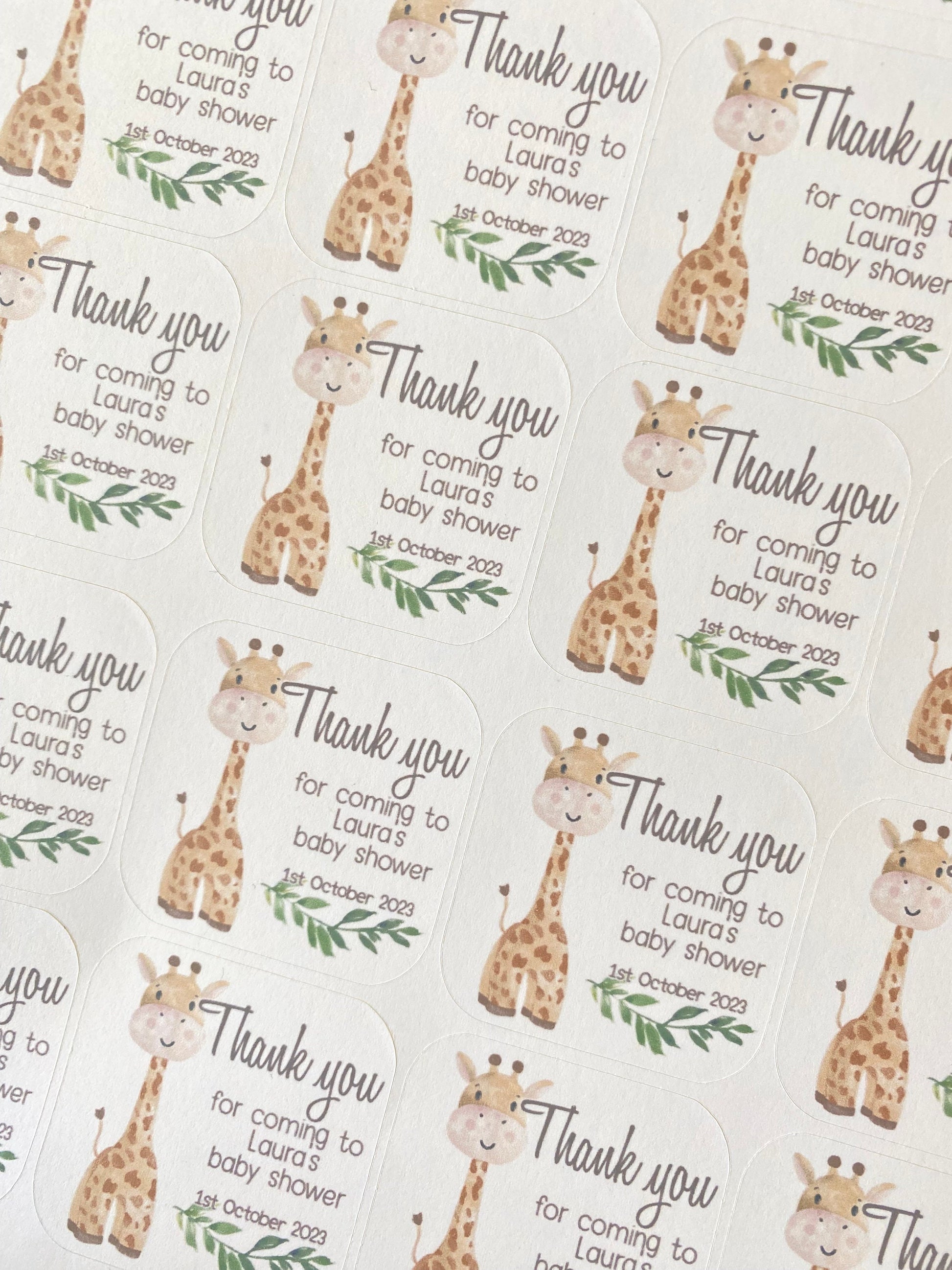 24 Giraffe Baby Shower Stickers: Custom Safari Favour Stickers