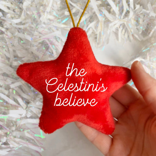 Personalised Family Name Red Star Plush Christmas Ornament