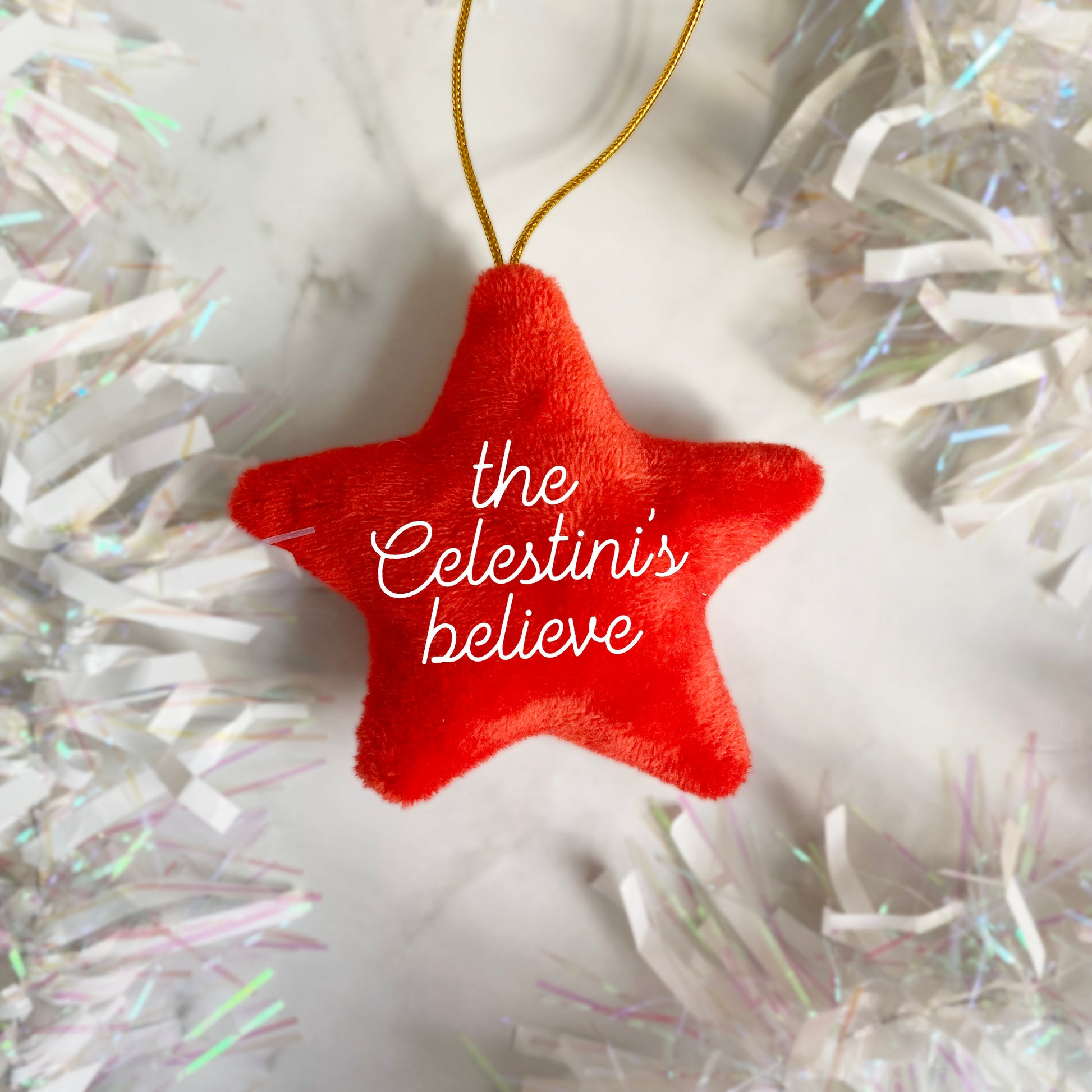 Personalised Family Name Red Star Plush Christmas Ornament