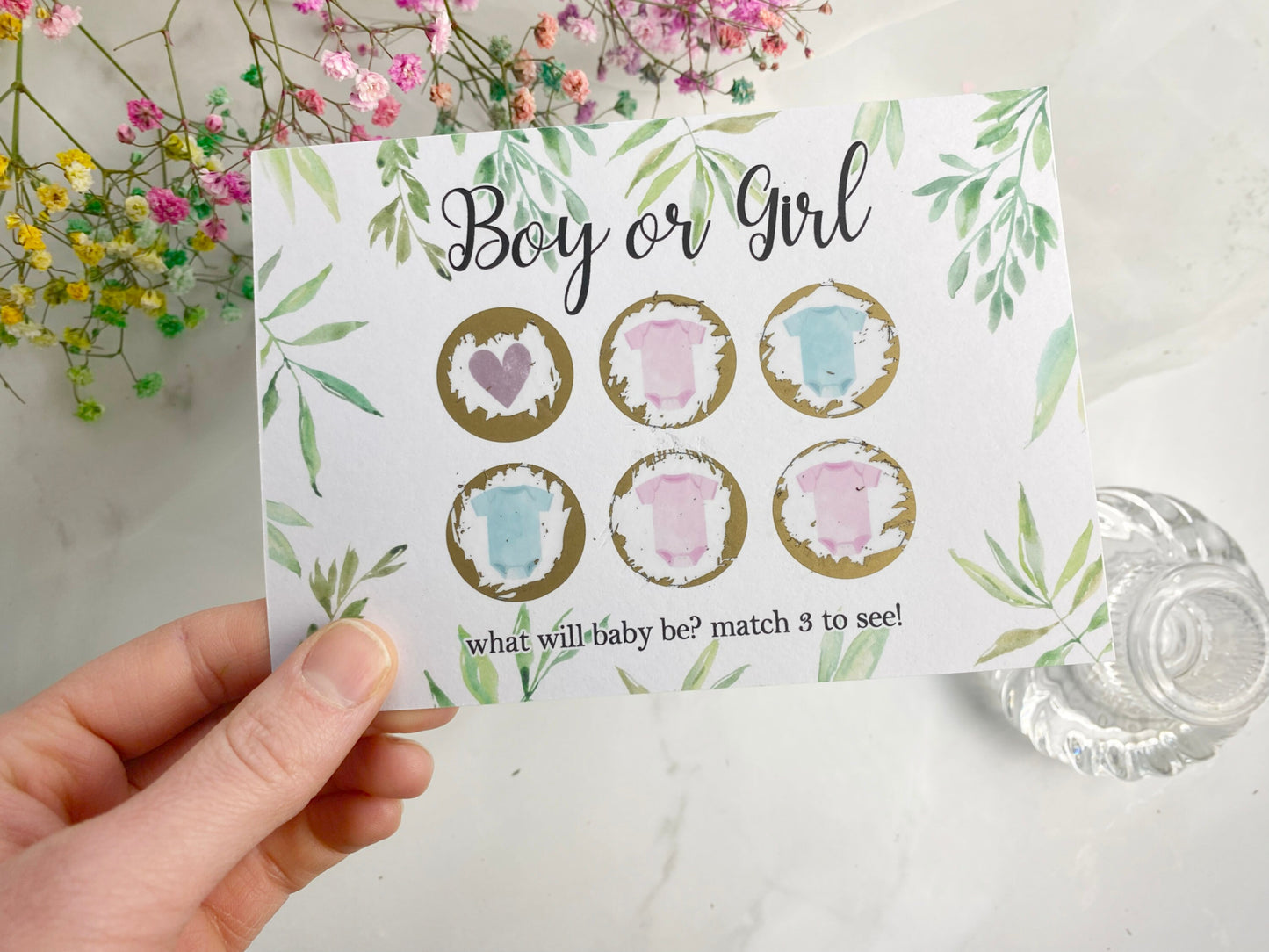 Gender Reveal Announcement Scratch Card, Pregnancy Reveal, Watercolour Greenery, Boy or Girl, He or She, Pink or Blue