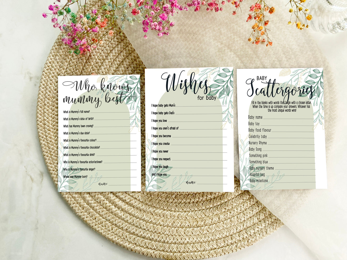 Sage Green Baby Shower Bundle, Prediction and Advice Cards Game, Greenery Theme, Mum To Be, Boy Baby Shower