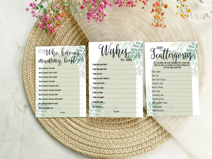 Sage Green Baby Shower Bundle, Prediction and Advice Cards Game, Greenery Theme, Mum To Be, Boy Baby Shower