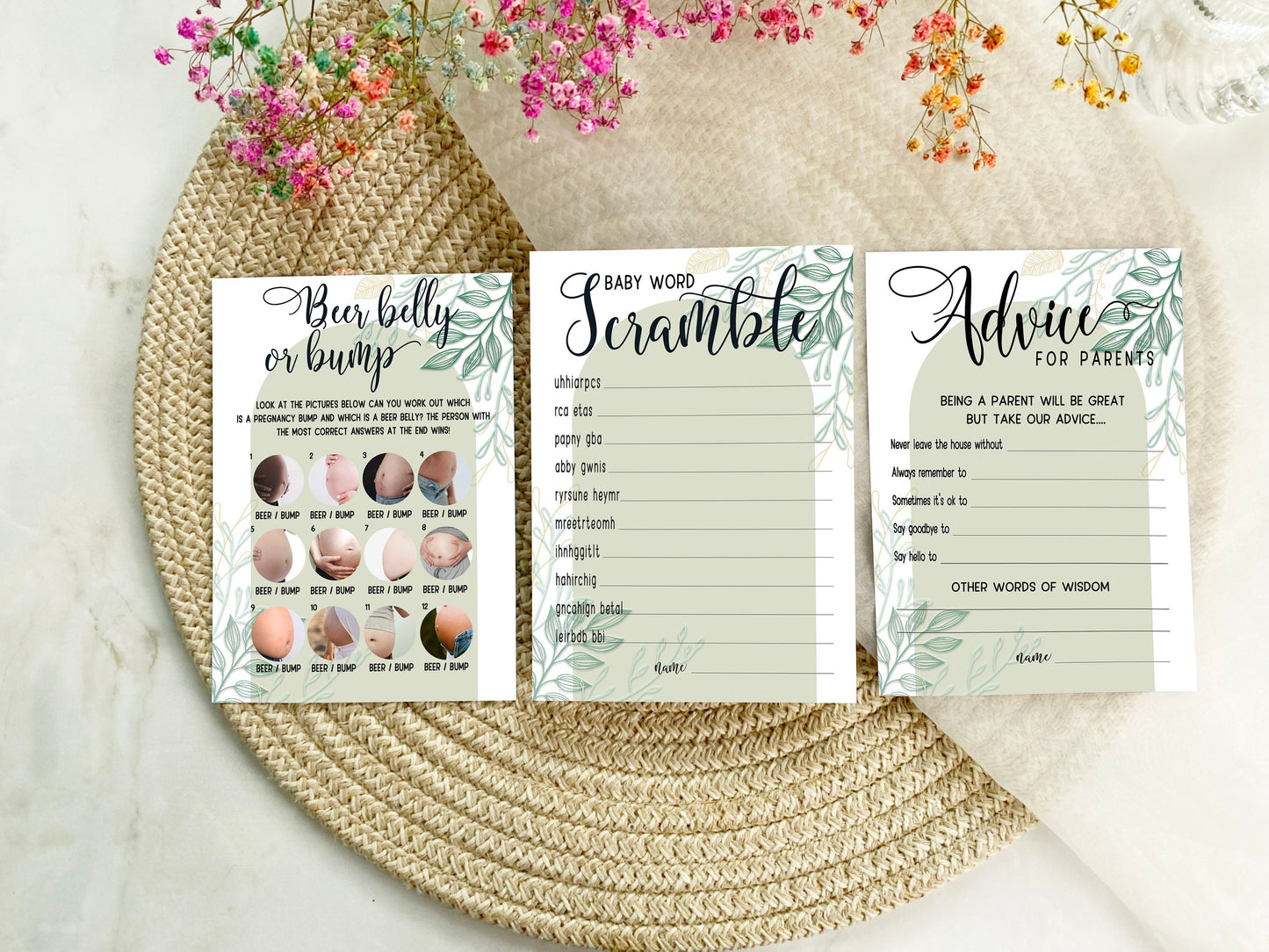 Sage Greenery Baby Shower Word Scramble Game