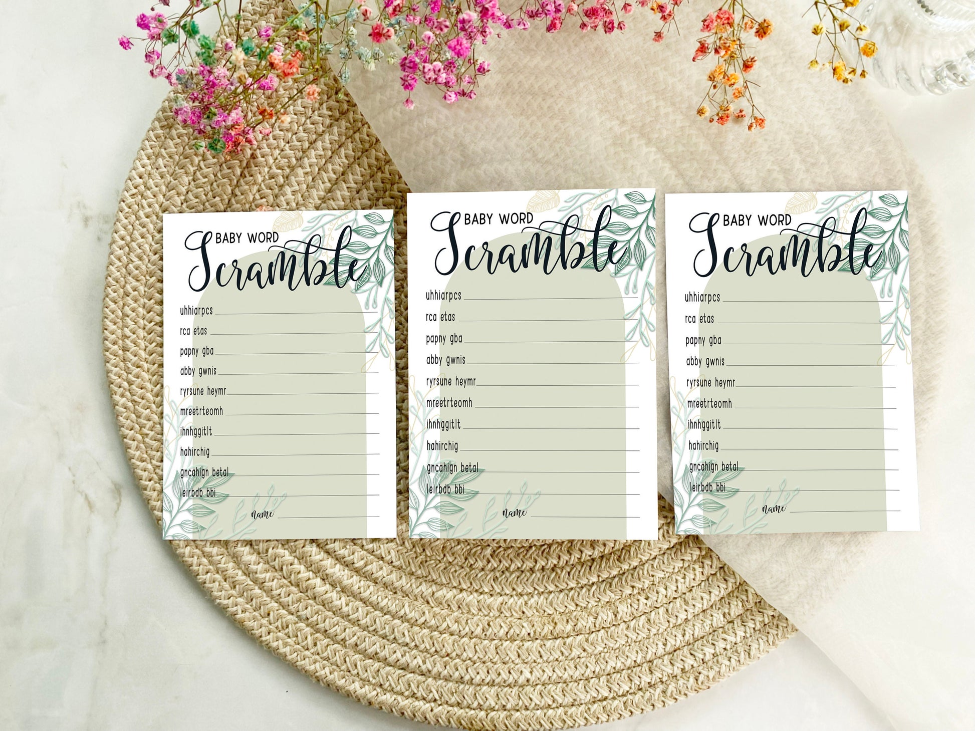 Sage Greenery Baby Shower Word Scramble Game