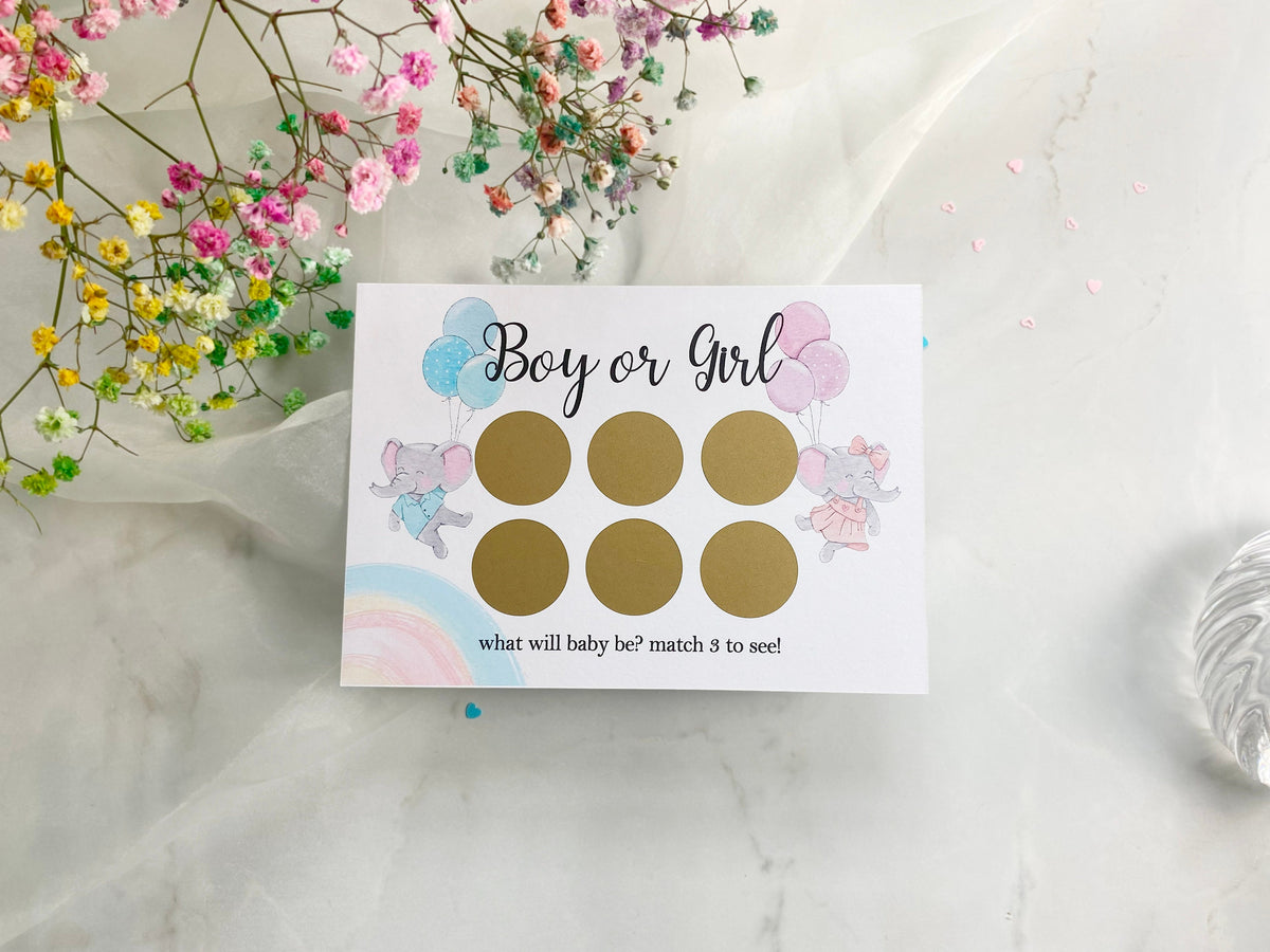 Elephant Gender Reveal Scratch Card: Boy or Girl Pregnancy Announcement