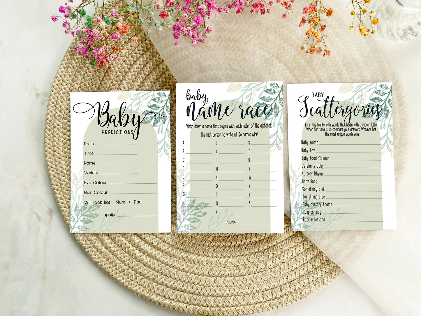 Sage Green Baby Shower Bundle, Prediction and Advice Cards Game, Greenery Theme, Mum To Be, Boy Baby Shower