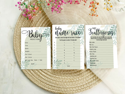 Sage Green Baby Shower Bundle, Prediction and Advice Cards Game, Greenery Theme, Mum To Be, Boy Baby Shower