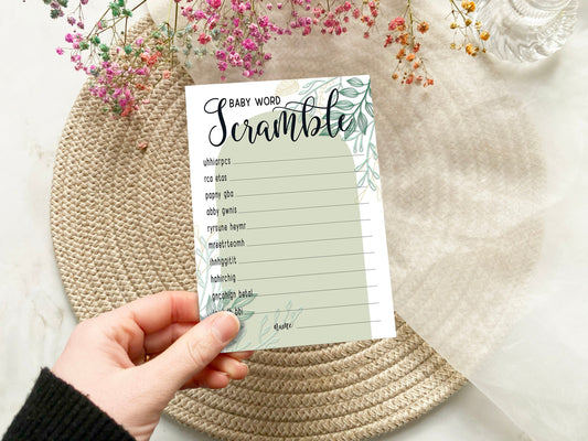 Sage Greenery Baby Shower Word Scramble Game