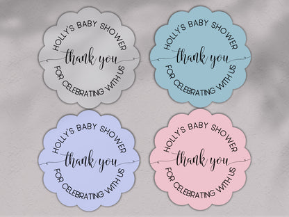 Personalised Scalloped Shape Stickers Blue, Baby Shower Boy Favour Stickers, Floral