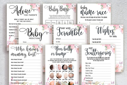 Pink Baby Shower Bundle, Watercolour Floral, Boho Chic, Girl Baby Shower, Mum To Be, Printed A6