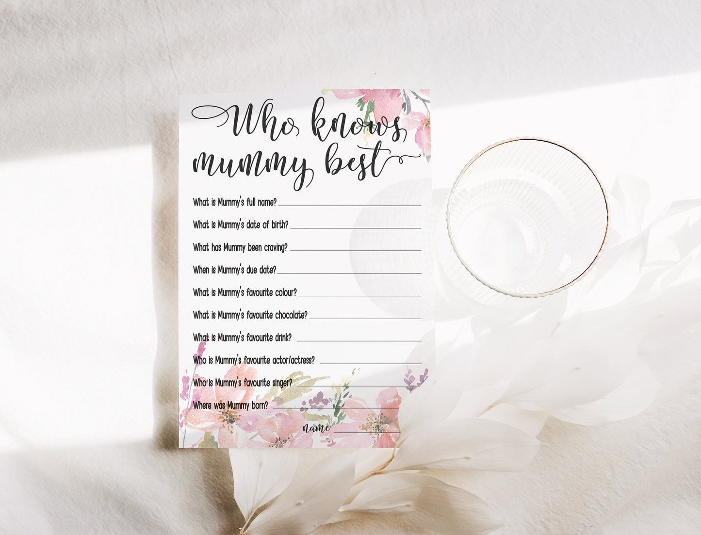 Pink Baby Shower Bundle, Watercolour Floral, Boho Chic, Girl Baby Shower, Mum To Be, Printed A6