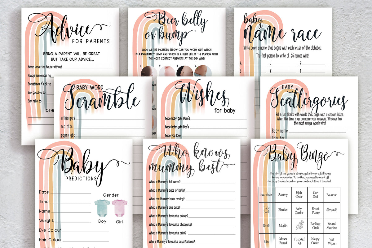 Baby Shower Games Bundle, Advice and Prediction Cards, Pastel Boho Rainbow, Gender Neutral, Games, Mum To Be, Prints A6