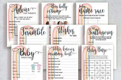 Baby Shower Games Bundle, Advice and Prediction Cards, Pastel Boho Rainbow, Gender Neutral, Games, Mum To Be, Prints A6