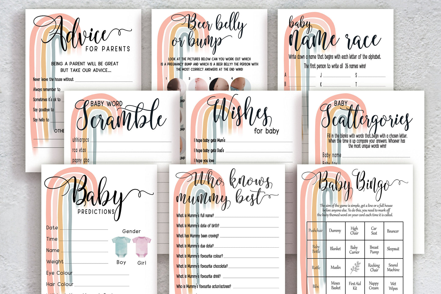 Baby Shower Games Bundle, Advice and Prediction Cards, Pastel Boho Rainbow, Gender Neutral, Games, Mum To Be, Prints A6