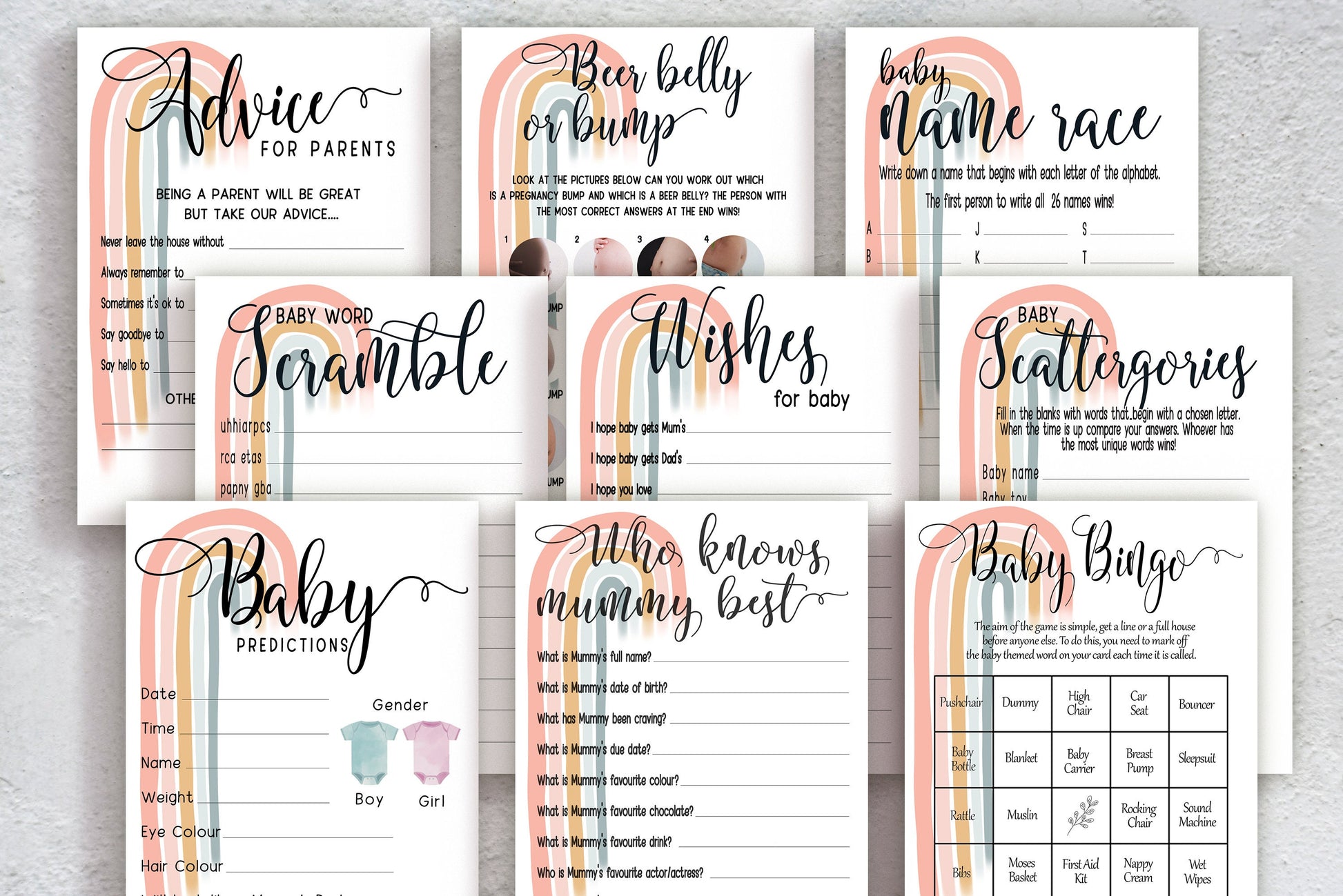 Baby Shower Games Bundle, Advice and Prediction Cards, Pastel Boho Rainbow, Gender Neutral, Games, Mum To Be, Prints A6
