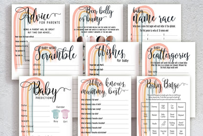 Baby Shower Games Bundle, Advice and Prediction Cards, Pastel Boho Rainbow, Gender Neutral, Games, Mum To Be, Prints A6