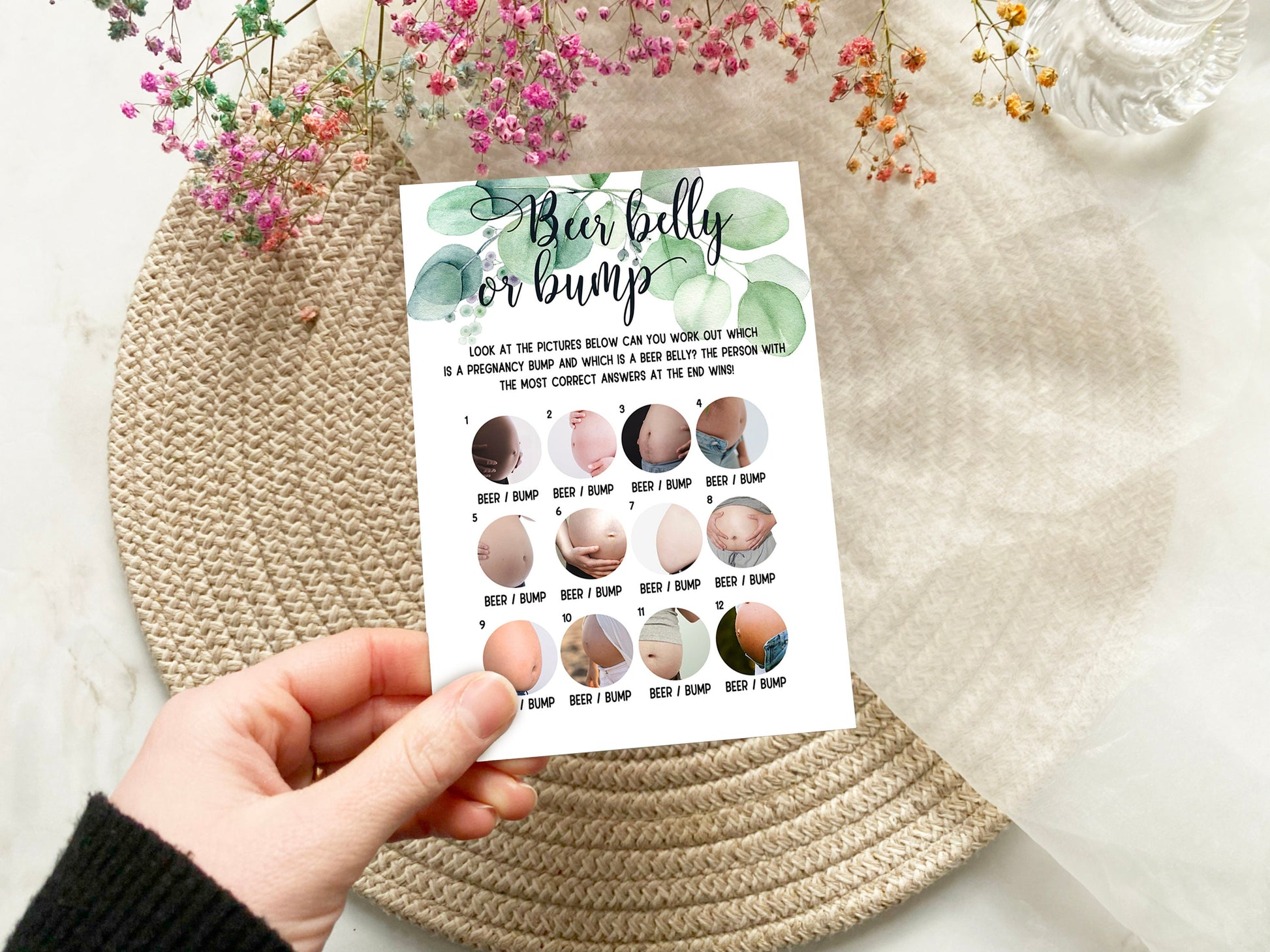 Baby Shower Beer Belly or Bump Game, Gender Neutral Baby Shower, Eucalyptus Greenery, Mum To Be, Gender Reveal Party, Printed A6