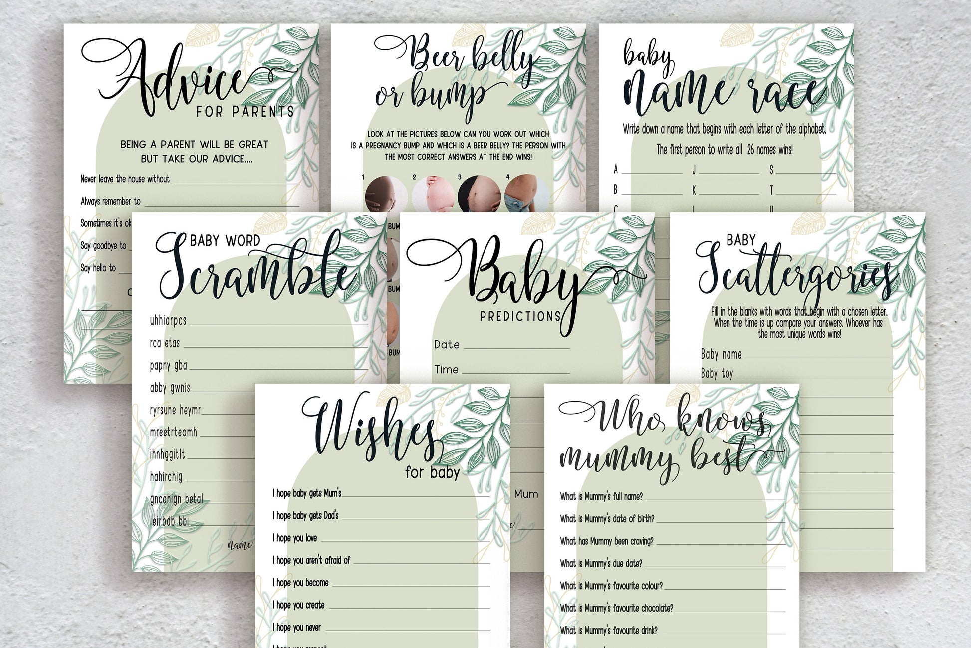 Sage Green Baby Shower Bundle, Prediction and Advice Cards Game, Greenery Theme, Mum To Be, Boy Baby Shower
