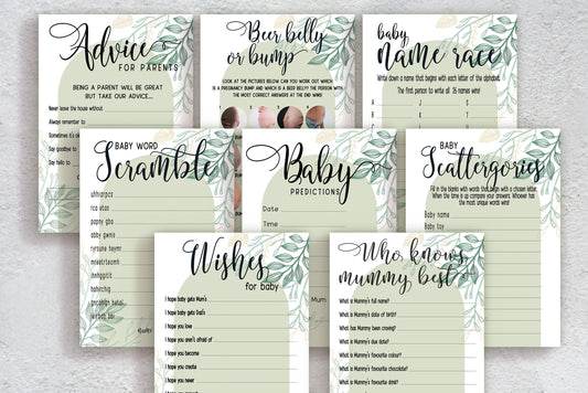 Sage Green Baby Shower Bundle, Prediction and Advice Cards Game, Greenery Theme, Mum To Be, Boy Baby Shower