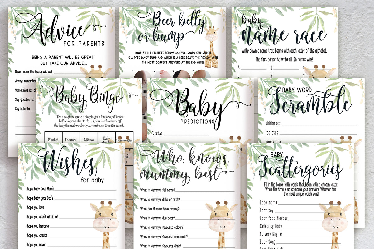 Giraffe Baby Shower Bundle, Prediction and Advice Cards Game, Gender Neutral Baby Shower, Mum To Be, Printed A6