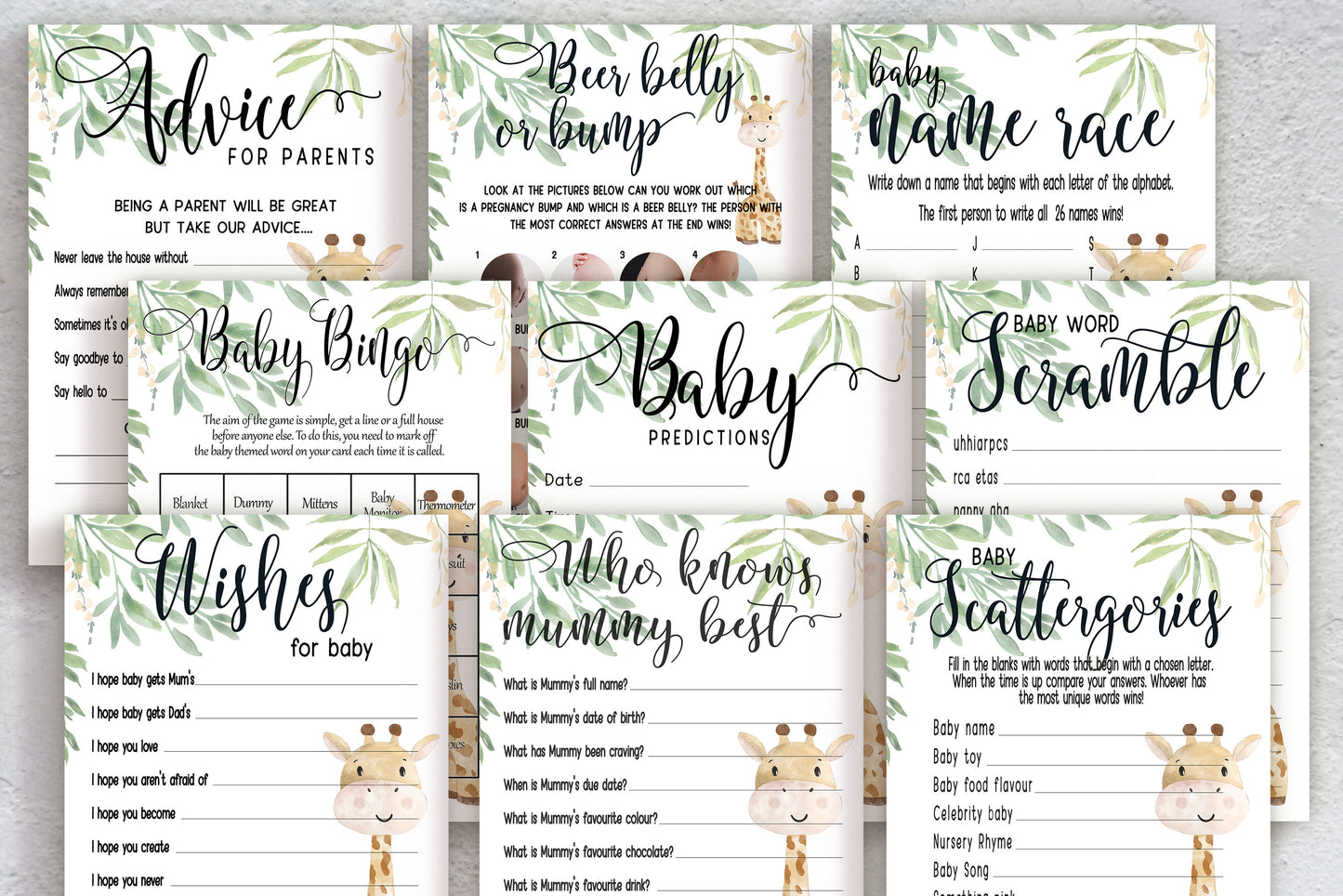 Giraffe Baby Shower Bundle, Prediction and Advice Cards Game, Gender Neutral Baby Shower, Mum To Be, Printed A6